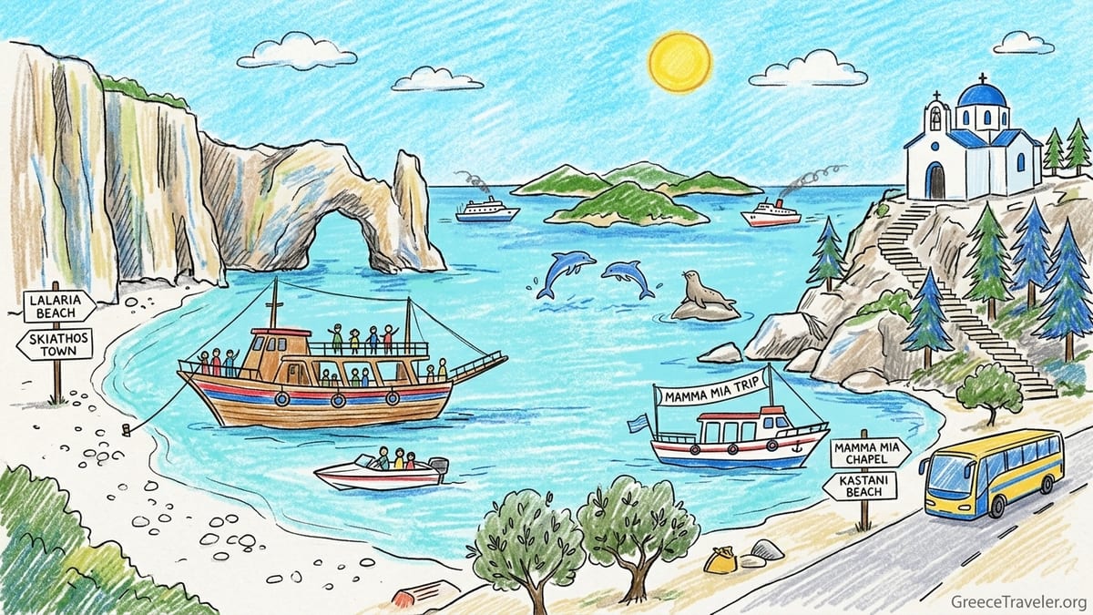 Excursion boat cruising past Lalaria’s white cliffs between Skiathos and Skopelos.