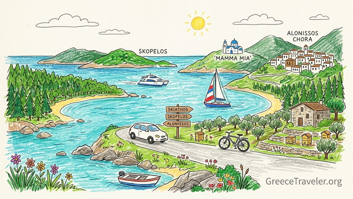 Aerial view of green pine-covered Sporades coastline with sandy bay, harbor town and ferry departing.