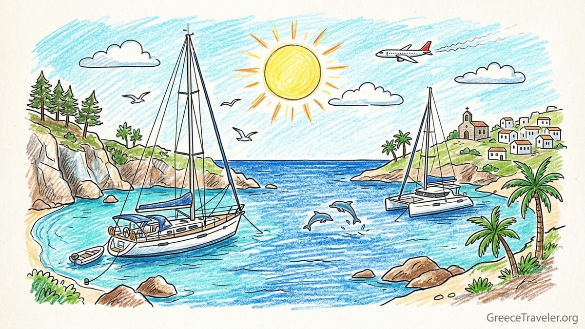 Catamaran and yachts anchored in a pine fringed bay in the Northern Sporades at sunset