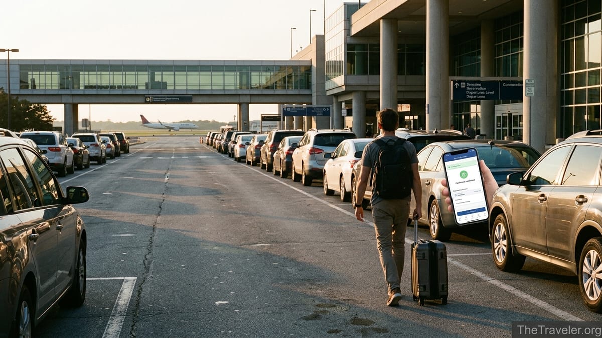 Traveler walking through an airport parking lot at sunrise while checking a parking reservation on a smartphone.
