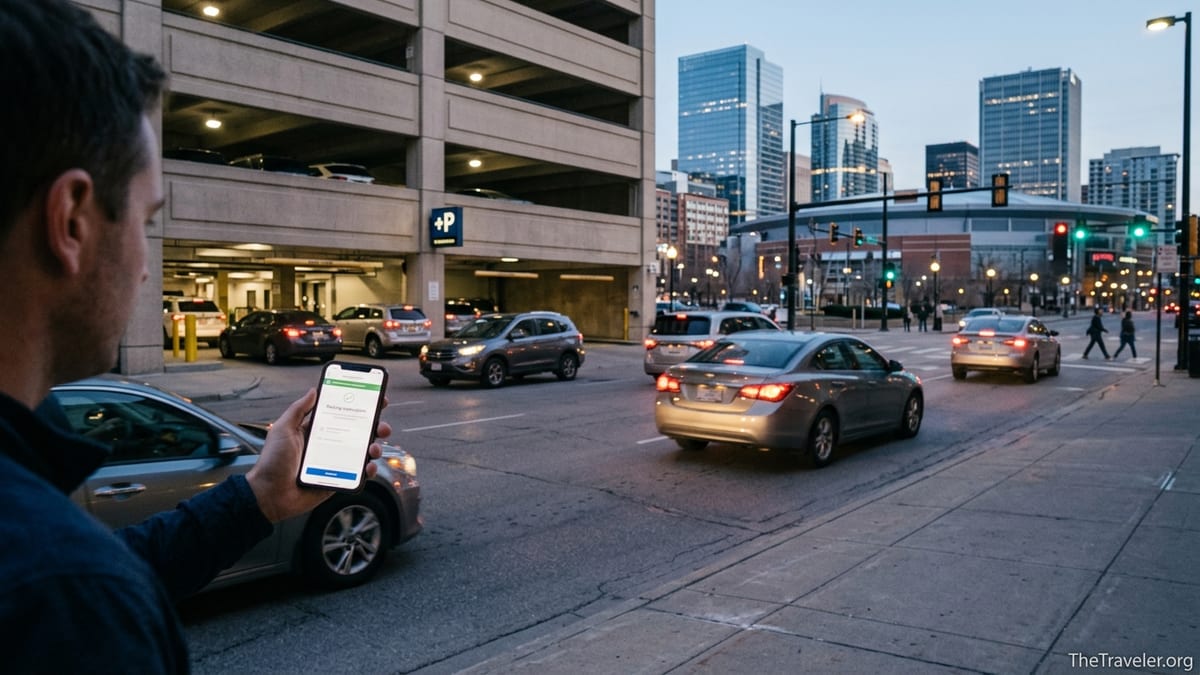 Traveler holding a phone with a parking reservation while walking toward a busy city parking garage entrance.