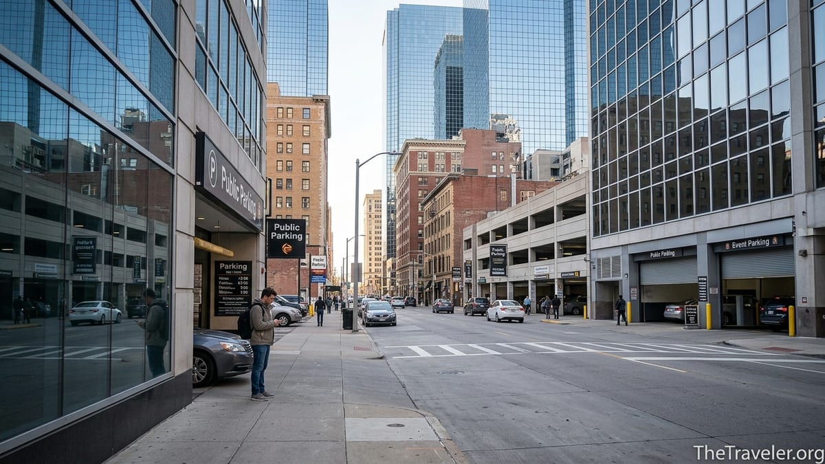 Traveler using a phone to choose a parking garage on a busy downtown city street.