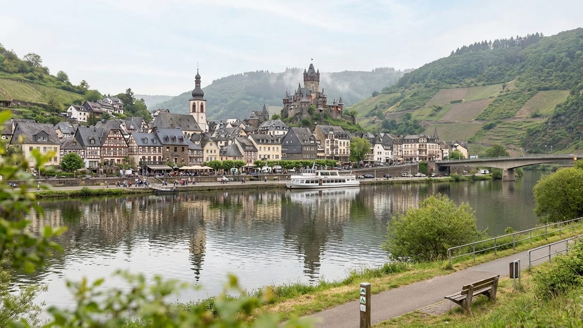 Spring afternoon view of Cochem's old town, Reichsburg Castle, and Moselle river. 