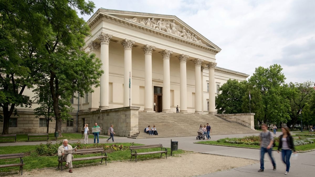 Spring afternoon at the Hungarian National Museum in Budapest with people around.