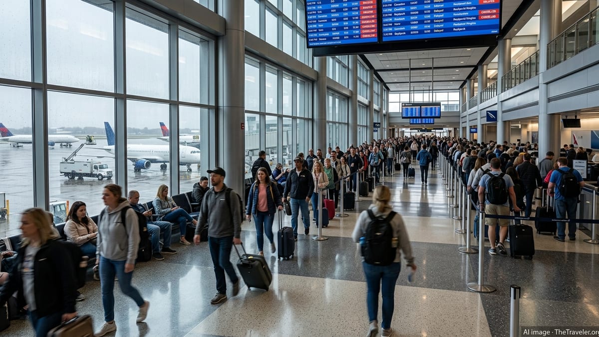 Crowded airport terminal with long security lines and delayed flights on departure boards.