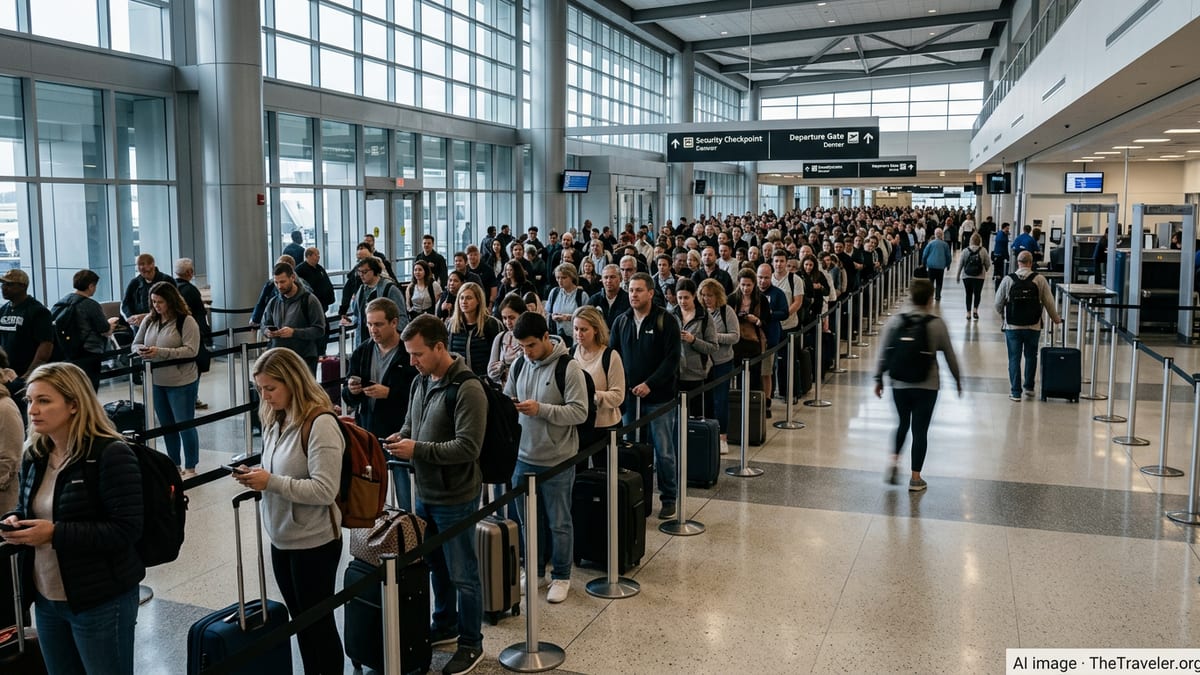 Crowded TSA security line stretching through a busy U.S. airport terminal during spring break.