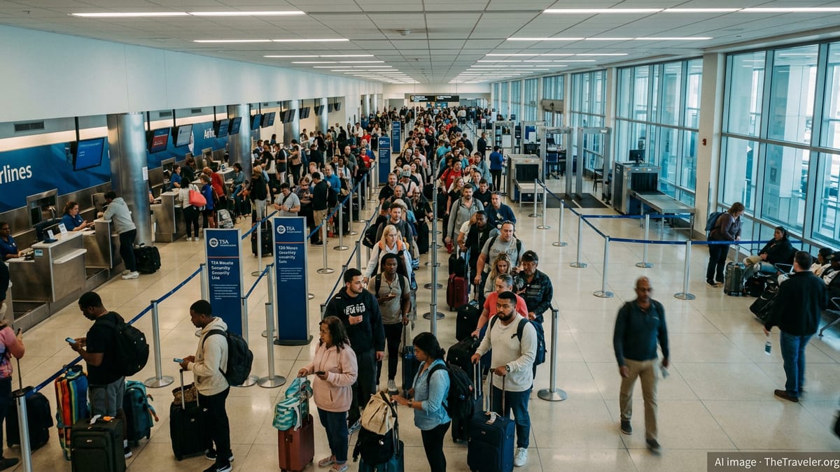 Crowded U.S. airport with a long TSA security line of spring break travelers.