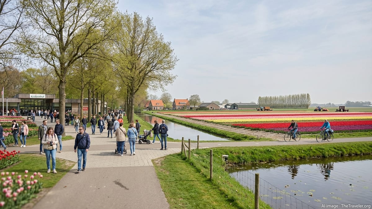 Spring view of Keukenhof entrance and Dutch tulip fields under a hazy sky.