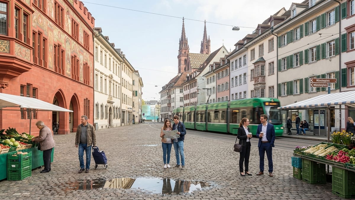 Spring morning view of Basel's Old Town from Marktplatz towards Münster hill.