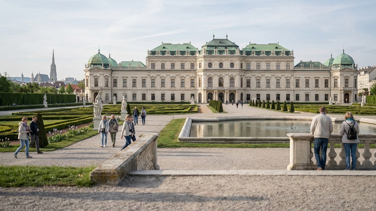 Spring morning view of Vienna's Belvedere complex from formal gardens.