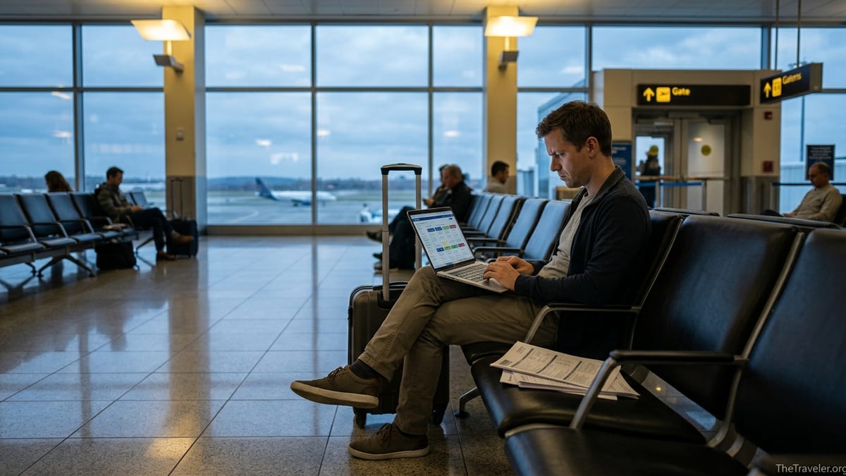 Traveler reviewing printed insurance documents on a laptop in an airport gate area at dusk.