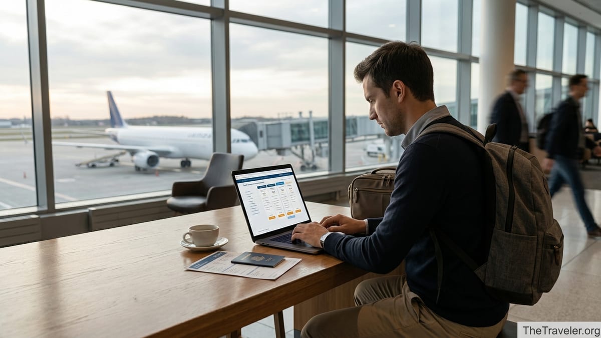 Traveler comparing travel insurance options on a laptop in an airport lounge.