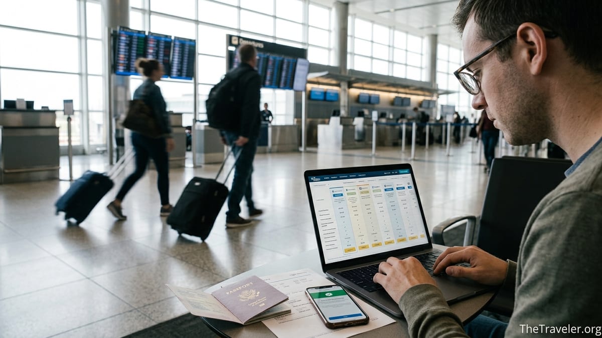 Traveler comparing travel insurance policies on a laptop at an airport gate.
