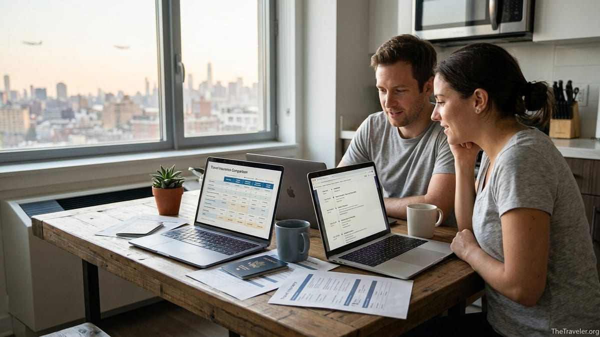 Couple comparing travel insurance plans on laptops at a kitchen table before a trip.
