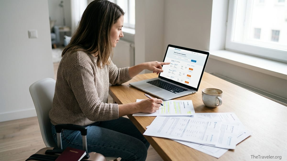 Traveler comparing Squaremouth-style travel insurance plans on a laptop at a sunlit kitchen table.