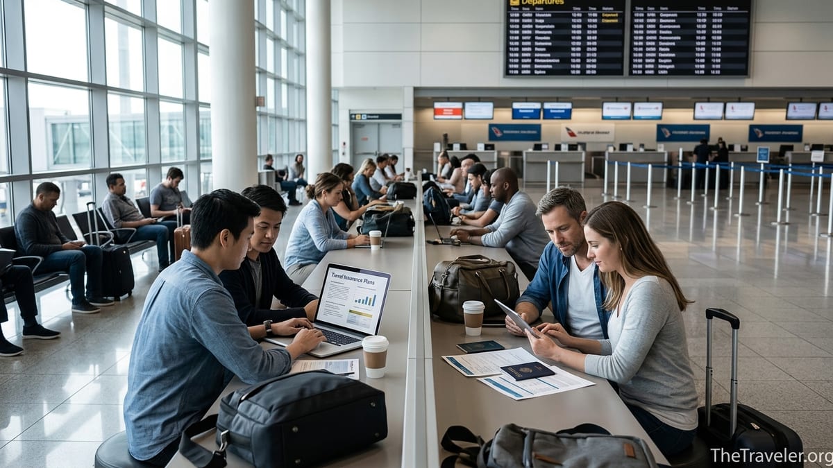 Travelers at an airport comparing travel insurance on laptops and tablets.
