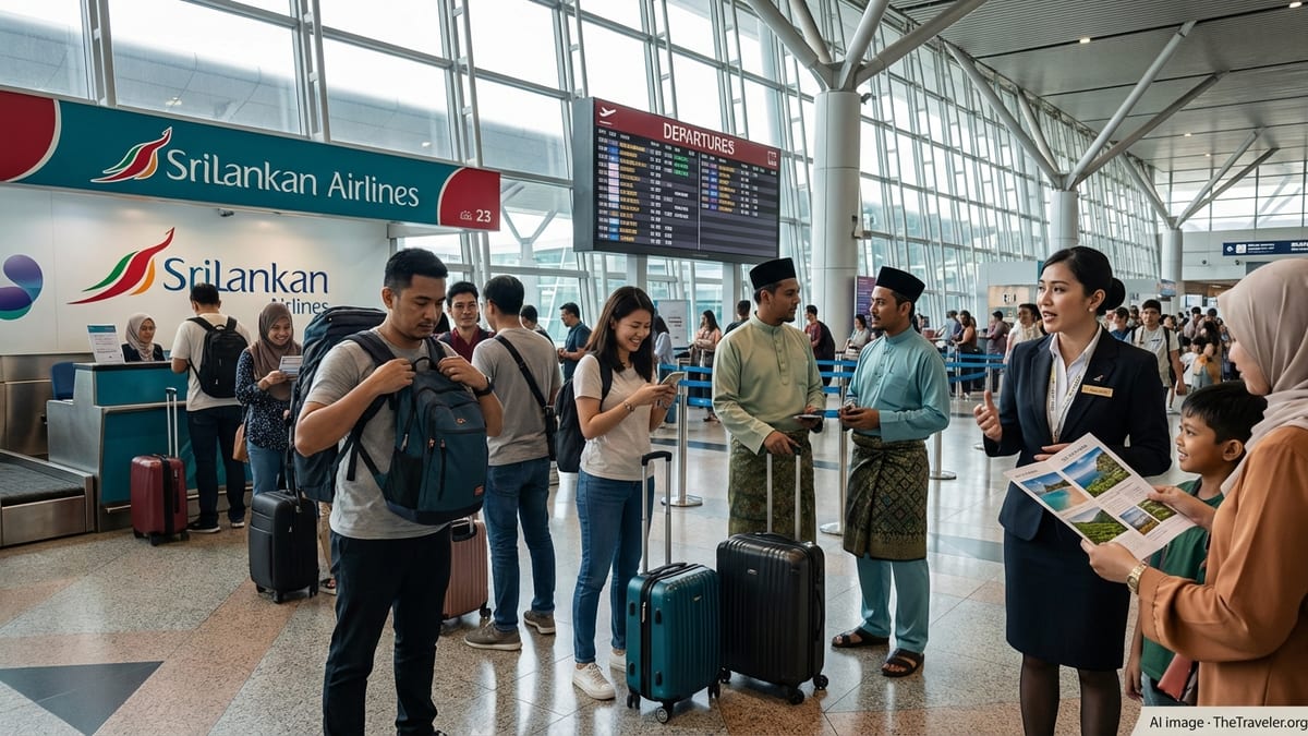 Malaysian travelers queue at a SriLankan Airlines counter in Kuala Lumpur airport for flights to Colombo.