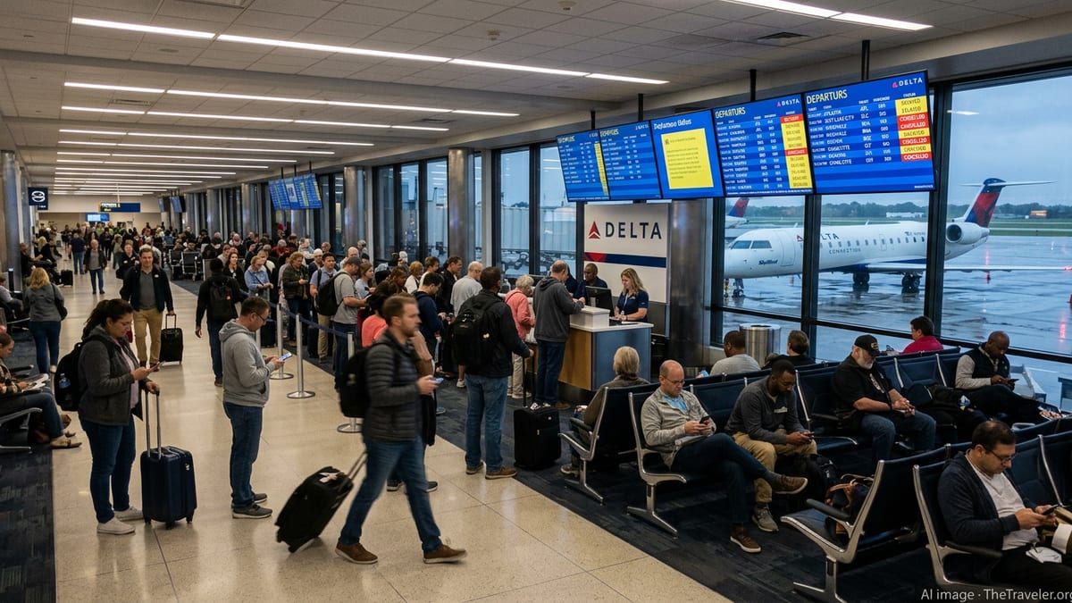 Crowded Delta gate at St. Louis Lambert Airport with delay boards and a regional jet on a rainy evening.