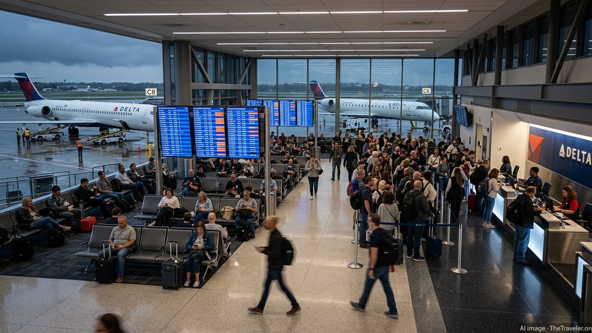 Crowded Delta and SkyWest gates at St. Louis Lambert Airport showing delays on departure boards.