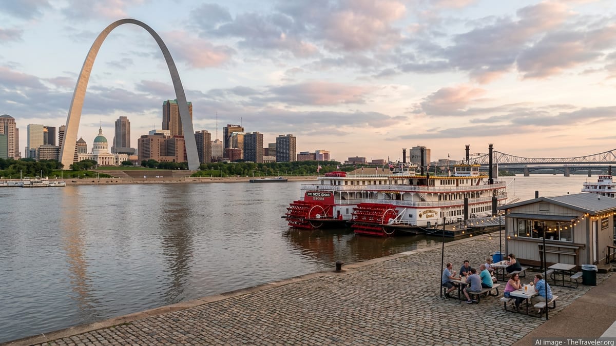 Paddlewheel riverboats and waterfront café below the Gateway Arch on the St. Louis riverfront at sunset.