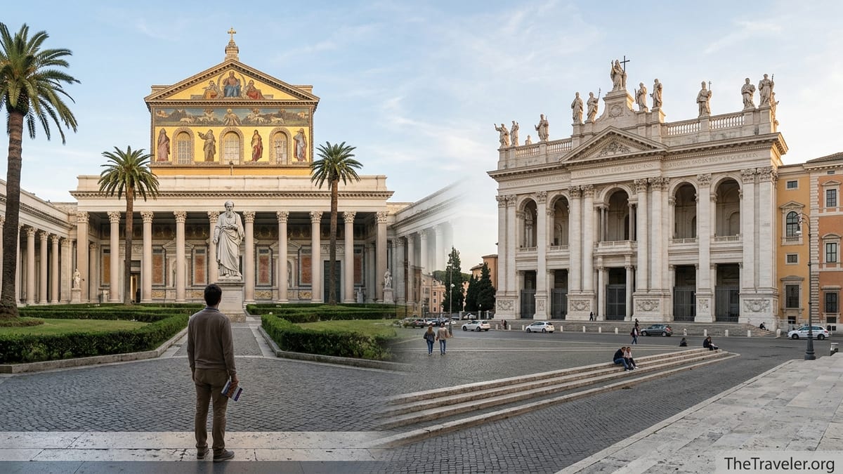 Traveler in Rome looking toward St Paul Outside the Walls and St John Lateran basilicas in soft afternoon light.