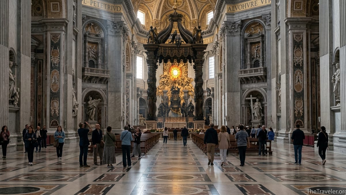Interior of St Peter’s Basilica showing Bernini’s baldacchino and apse with visitors walking below.