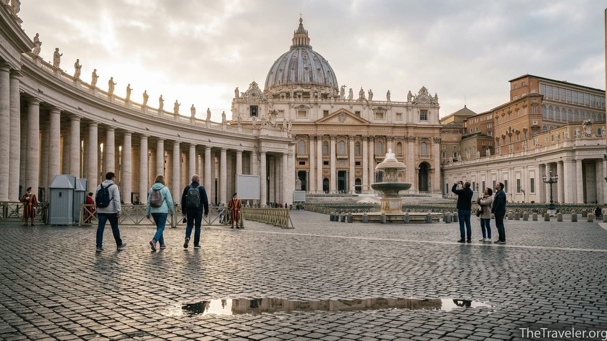 Early morning view of St Peter’s Basilica and St Peter’s Square with few visitors.