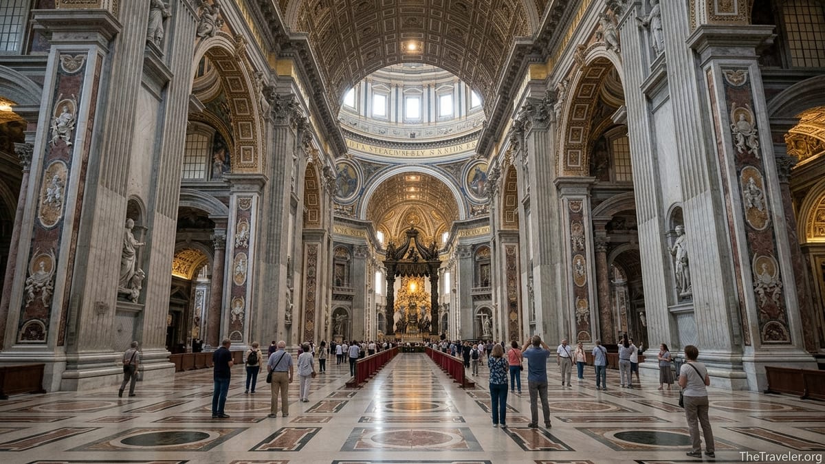 Interior of St Peter’s Basilica with tiny visitors under the immense nave and dome.