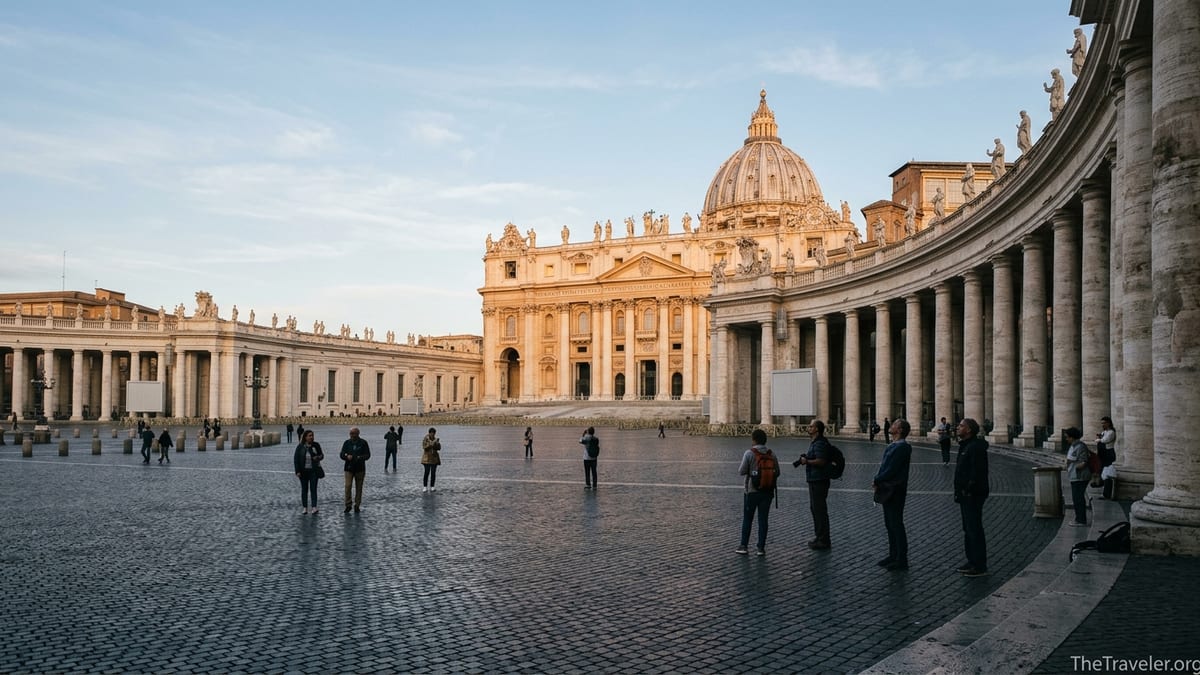 Early morning view of St Peter’s Basilica and nearly empty St Peter’s Square in warm golden light.