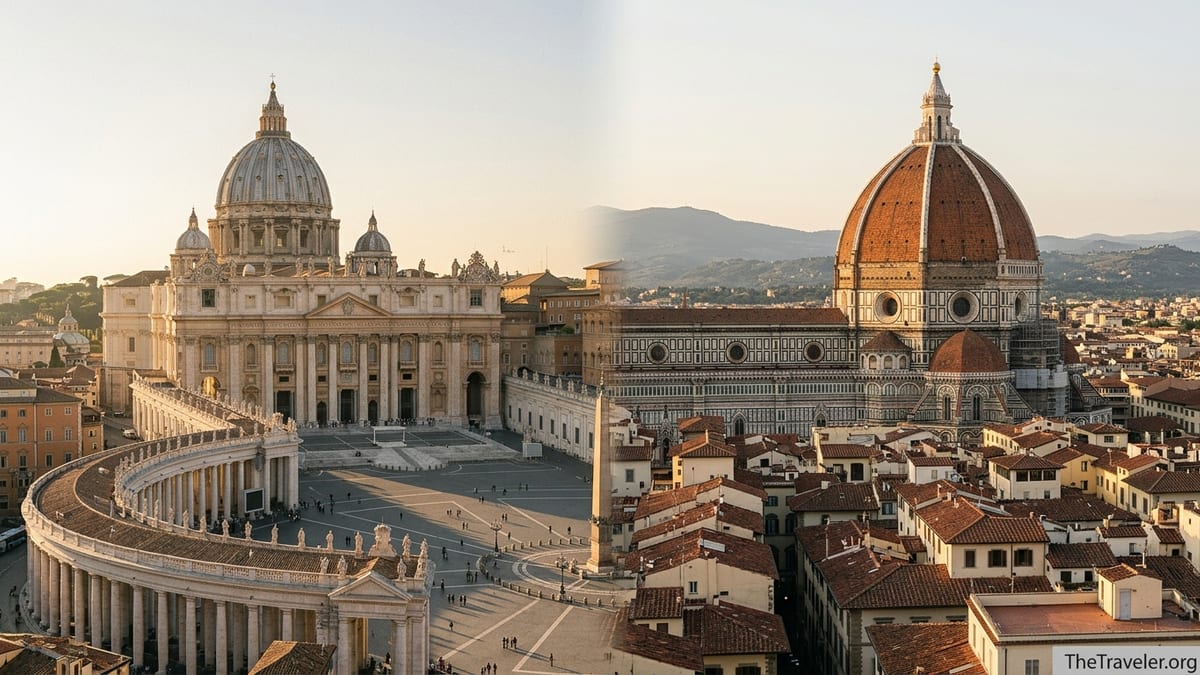 Panoramic view of St Peter’s dome in Rome and the Florence Duomo rising above their city skylines at golden hour.