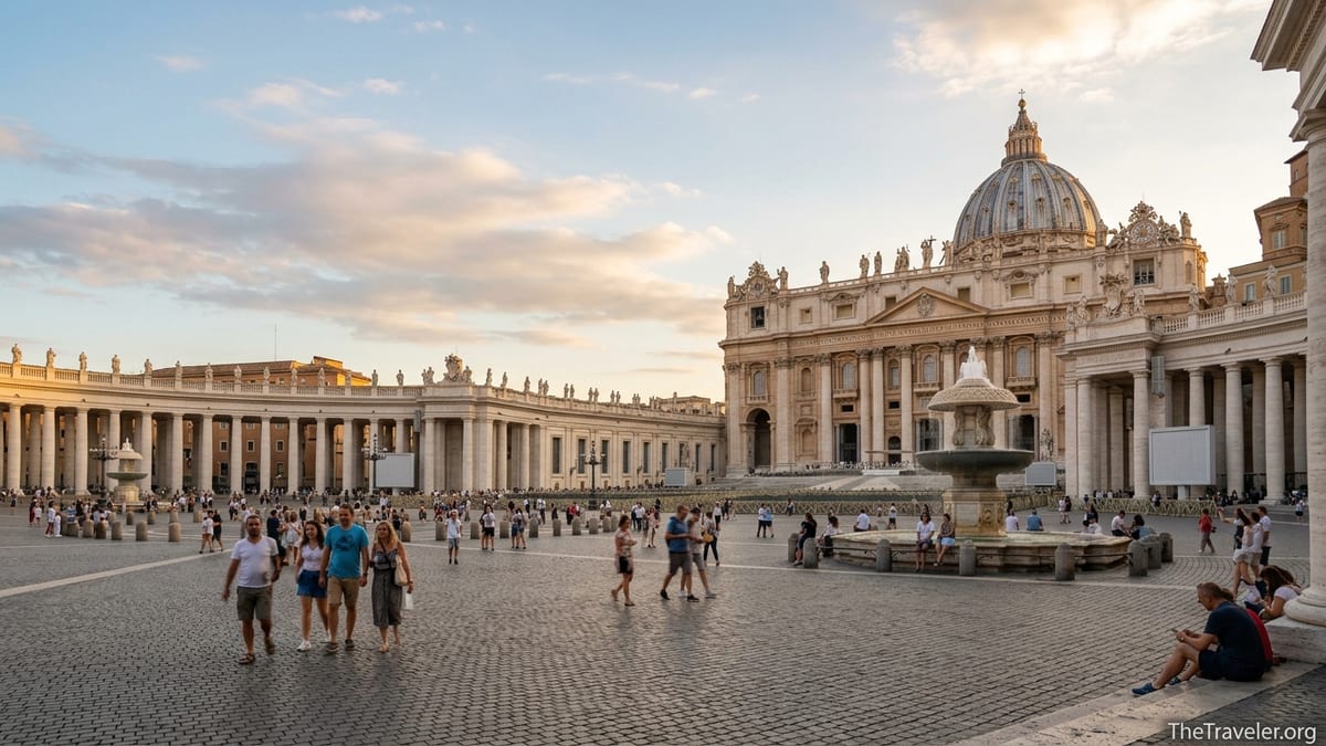 St Peter’s Basilica and St Peter’s Square at golden hour with visitors walking across the cobblestones.