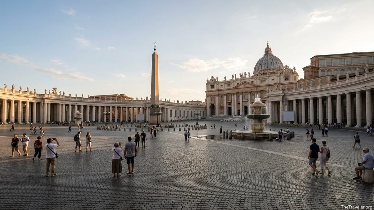 Late afternoon view of St Peter’s Square with pilgrims and tourists under Bernini’s colonnades facing St Peter’s Basilica.