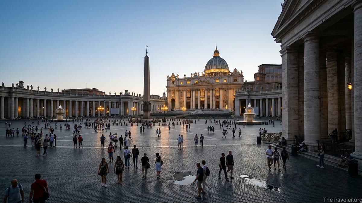 Early evening view of St Peter’s Square with obelisk, fountains and St Peter’s Basilica under a glowing sky.
