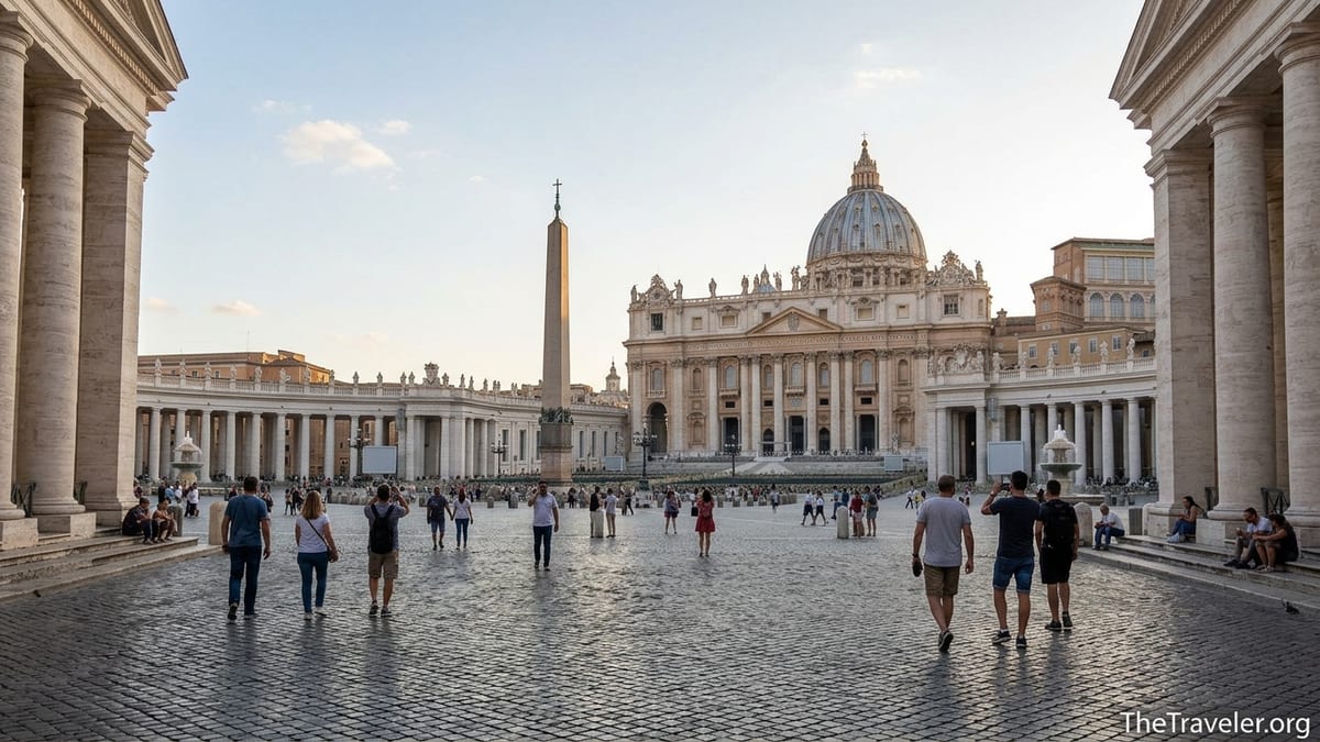 St Peter’s Square with Bernini’s colonnades, obelisk, and St Peter’s Basilica at sunset