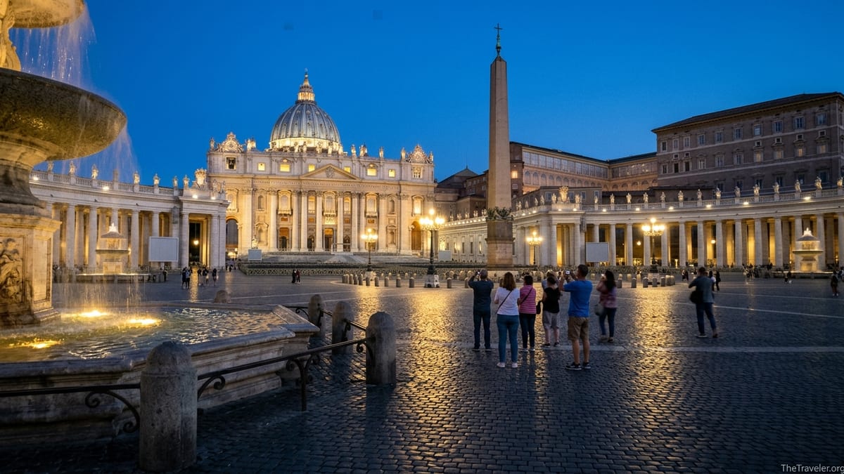 Early evening view of St Peter’s Square with lit basilica, obelisk and fountain.