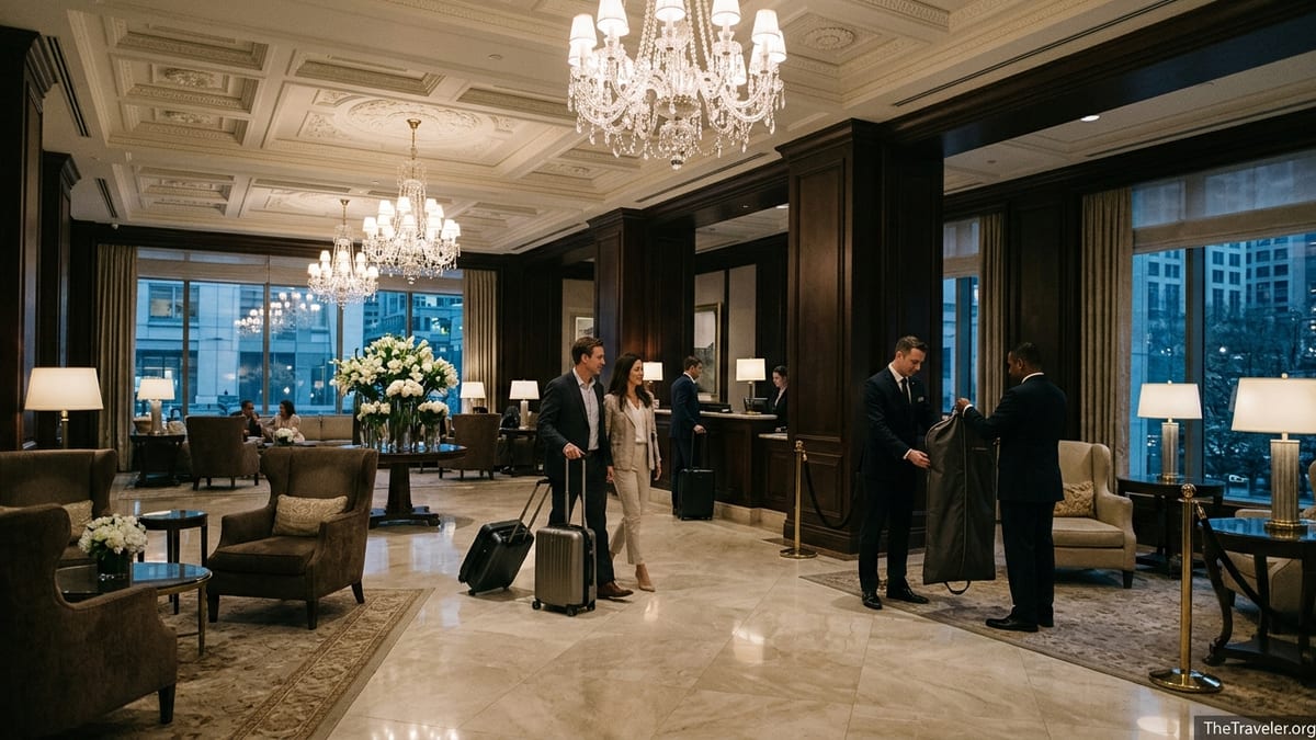 Elegant St. Regis-style hotel lobby with guests checking in and a butler assisting with luggage.