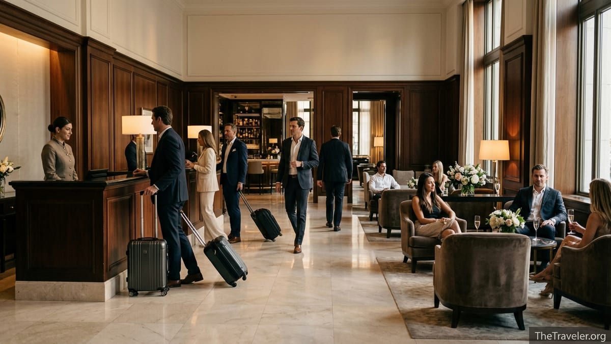 Guests walk through an elegant St. Regis style hotel lobby with marble floors and warm evening light.