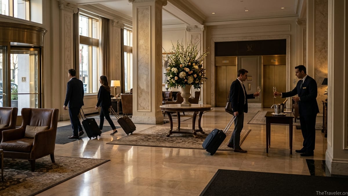 St. Regis hotel lobby with warm light, marble floors, and guests checking in