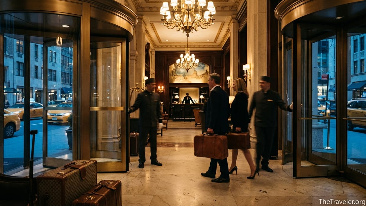 Entrance lobby of The St. Regis New York with guests arriving under warm chandeliers at dusk