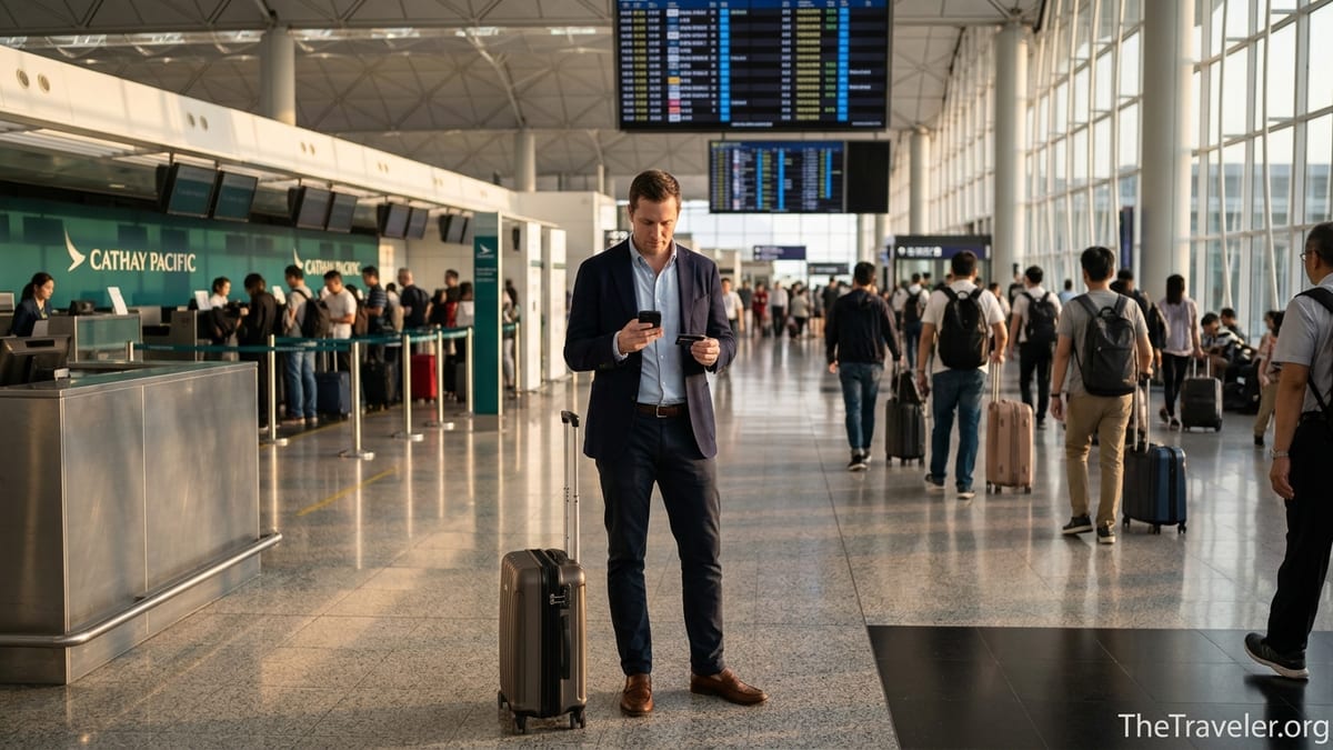 Business traveler holding a credit card at Hong Kong International Airport Cathay check-in area.