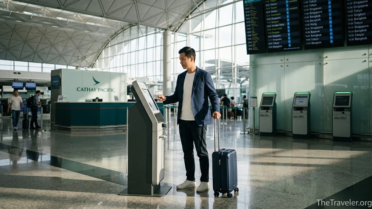 Traveler at Hong Kong airport holding a Standard Chartered Cathay Mastercard at a check-in kiosk.