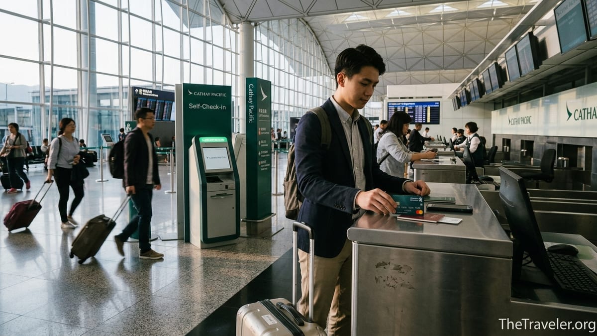 Traveler using a Standard Chartered Cathay Mastercard at Hong Kong International Airport check-in.