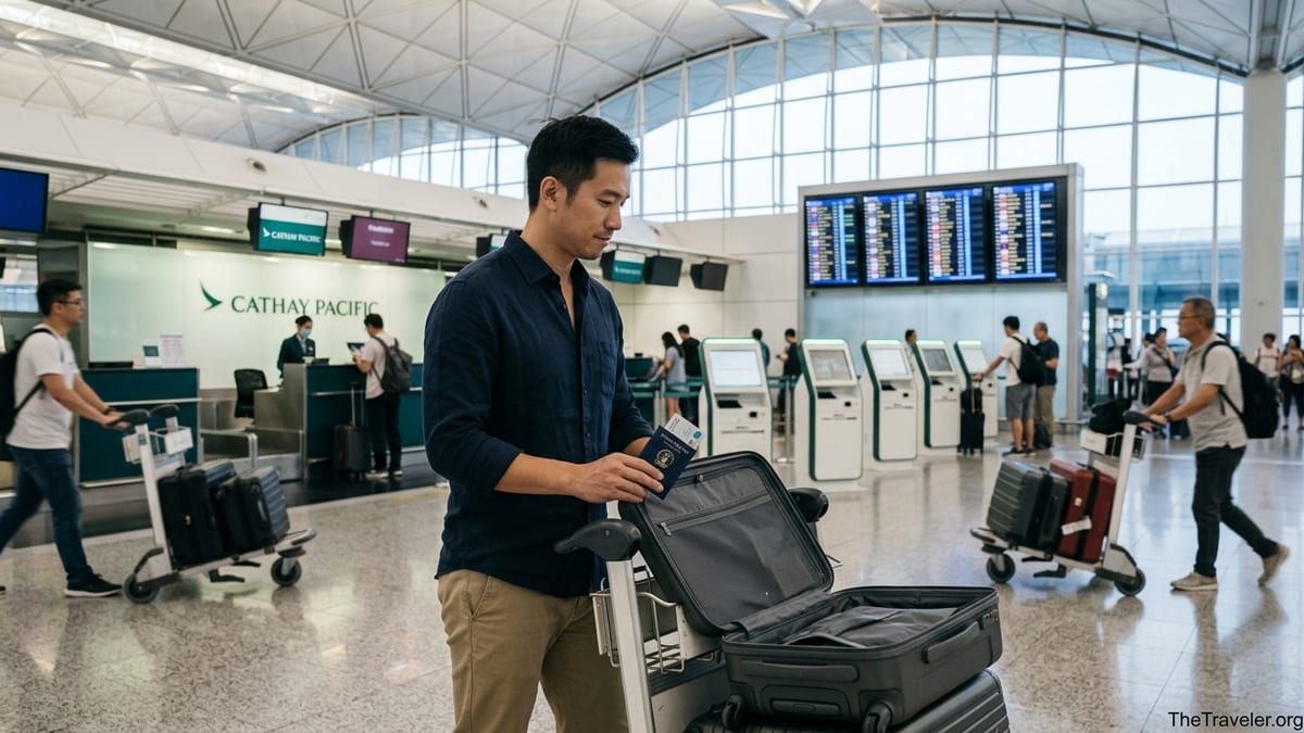 Traveler at Hong Kong airport holding a Standard Chartered Cathay Mastercard at check-in.