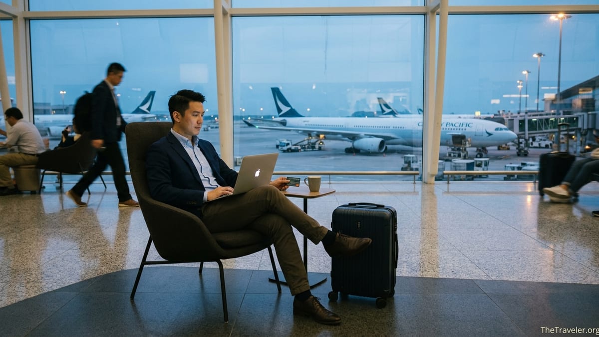 Traveler in Hong Kong airport lounge holding a Standard Chartered Cathay Mastercard with Cathay Pacific planes outside.