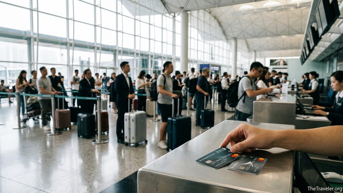 Traveler holding Cathay-branded credit cards at a counter in Hong Kong airport.