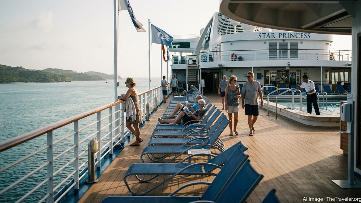 Upper deck of Star Princess cruising the Caribbean with few passengers and visible cleaning efforts.