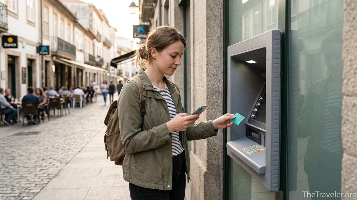 Traveller using a debit card at an overseas ATM while checking a banking app on their phone.