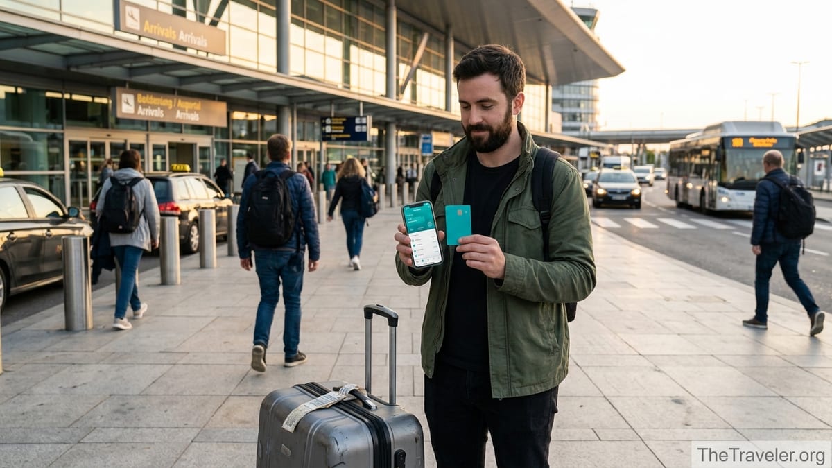 Traveler outside a European airport checking a banking app and holding a teal debit card.