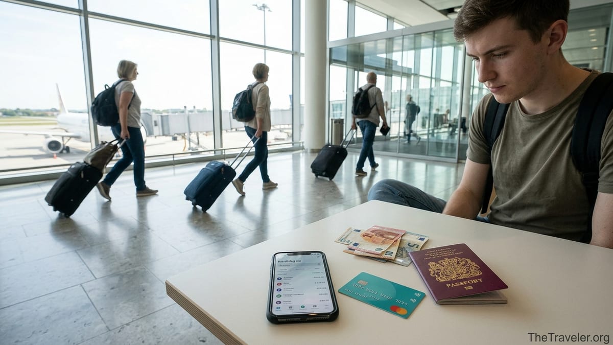Traveler in an airport cafe checking a banking app beside a debit card and passport.
