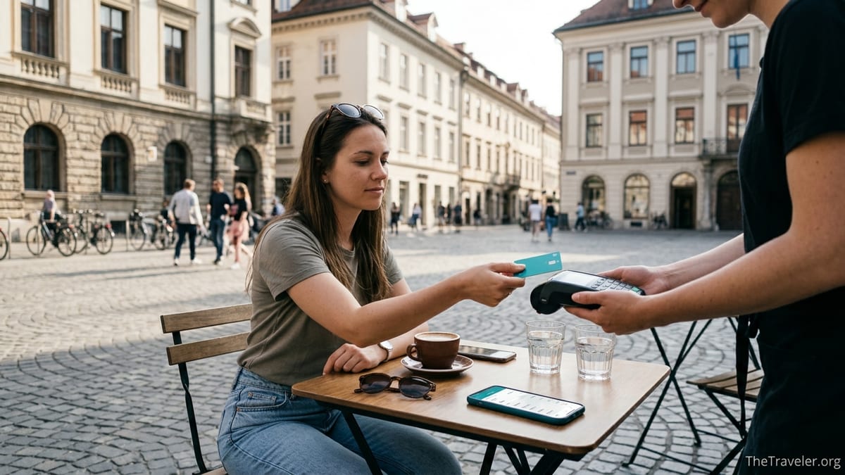 Traveler paying with a teal bank card at a European street cafe while checking exchange rates on a phone.
